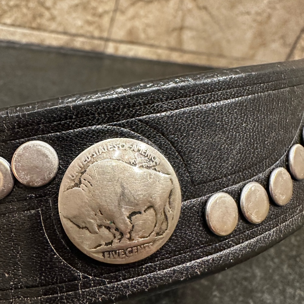 Vintage Leather Belt with Silver Buffalo & Indian head Nickel conchos- medium